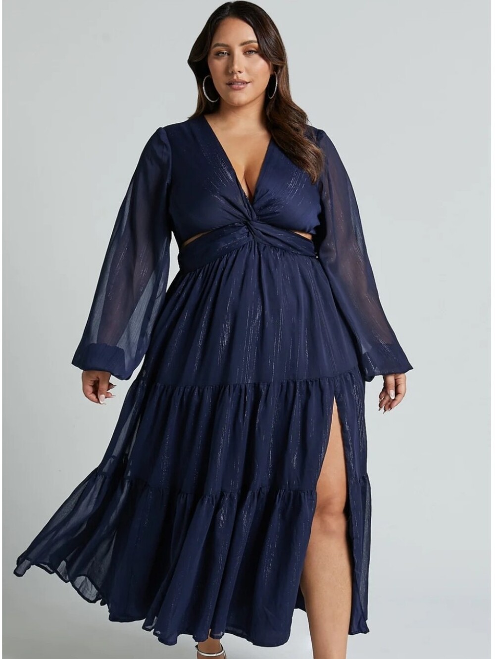 Showpo Edelyn Navy Cut Out Balloon Sleeve Tiered Midi Dress Size 16 NWT
